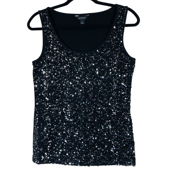 Sequin Embellished Sleeveless Round Neck Tank Top black size small JESSICA - Picture 1 of 15